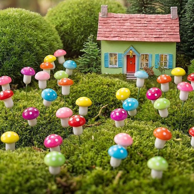 Mudder 64 Pcs Mini Mushrooms for Miniature Fairy Garden PVC Mushrooms Miniature Figurines Colorful Garden Ornaments Model Garden Accessories for Micro Landscape, Plant Pots, Bonsai Craft