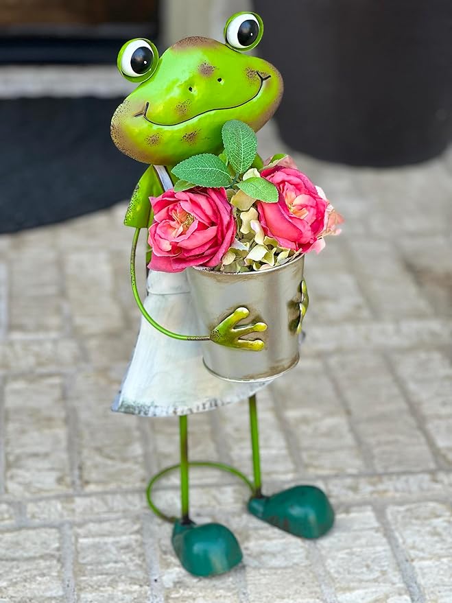 GERSON Frog Garden Figurine Metal Statue with Planter Tall Rustic Indoor Outdoor Patio Porch Decor 20"" H (Girl)