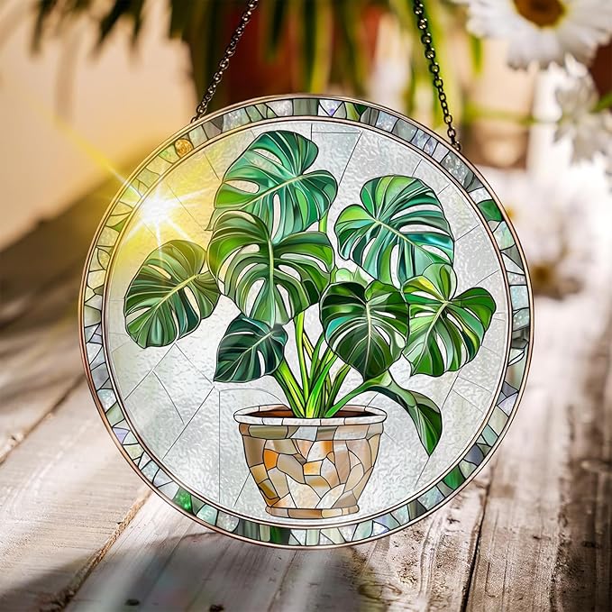 Bimkole Plant Stained Glass Suncatcher Window Hanging - Pothos Indoor Window or Doorway Decoration - Handmade Sun Catcher Decor for Garden Home Christmas & Birthday Gifts 7.87x7.87 inch