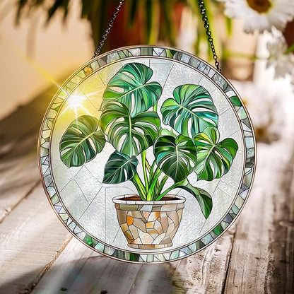 Bimkole Plant Stained Glass Suncatcher Window Hanging - Pothos Indoor Window or Doorway Decoration - Handmade Sun Catcher Decor for Garden Home Christmas & Birthday Gifts 7.87x7.87 inch