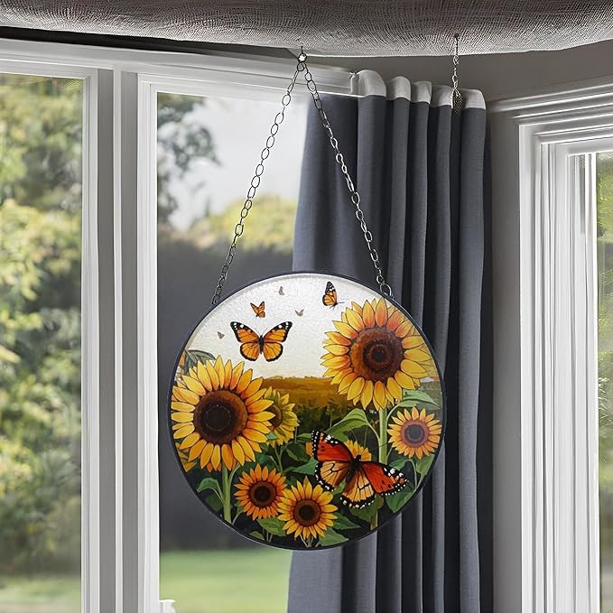 Sunflower Decor Suncatcher,Stained Glass Suncatcher for Window,Originally Designed Butterfly Sun Catchers,7.8" Large Stained Glass Window Hanging,Sunflower Gift for Women