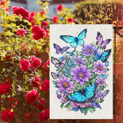 Spring Summer Garden Flag 12x18 Inch Vertical Double Sided, Butterfly Floral Flower Yard Flags for Outside Decor, Holiday Outdoor Seasonal Decorations for Home