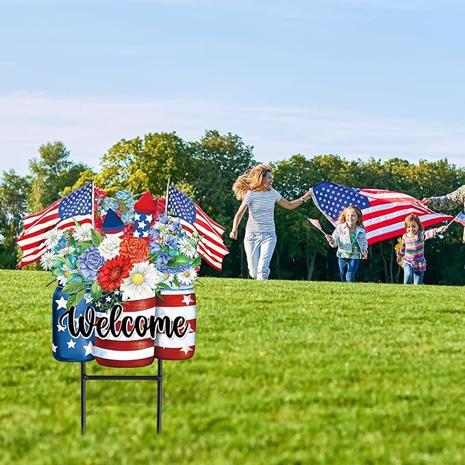 JarThenaAMCS Patriotic Flower Metal Garden Stakes 4th of July American Flag Floral Vase Decorative Lawn Sign Welcome Yard Sign for Independence Day Home Outside Decor