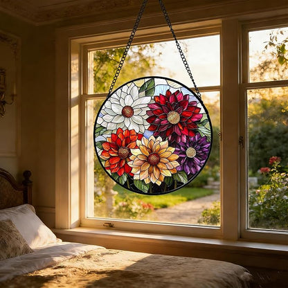 Stained Glass Window Hanging, Colorful Flowers Sun Catcher for Window Door Home Decor Plant Suncatcher Christmas Mother's Day Birthday Gifts for Women Men Mom and Nana 6.3 in