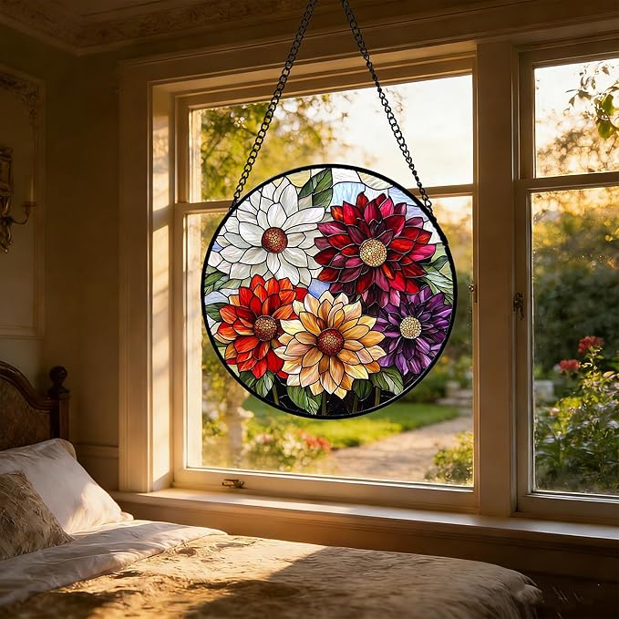 Stained Glass Window Hanging, Colorful Flowers Sun Catcher for Window Door Home Decor Plant Suncatcher Christmas Mother's Day Birthday Gifts for Women Men Mom and Nana 7.8 in