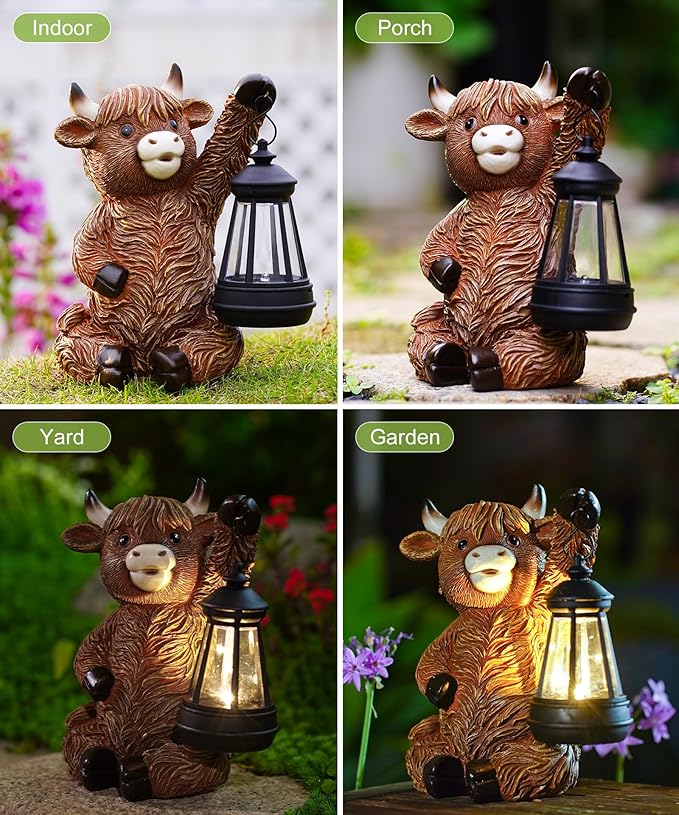 Nacome Highland Cow Statues for Garden Decor: Outdoor Sculptures with Solar Lantern for Clearance Outside Lawn Ornaments Porch Patio Balcony Yard – Birthday Gifts for Women Mom Grandma(Copper)