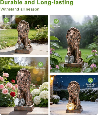 Nacome Guardian Lion Garden Decor: Outdoor Decoration Statue with Ball Lights for Yard Art Porch Patio Balcony - Unique Birthday Choice for Women Mom Lover - 9.45in (Copper)