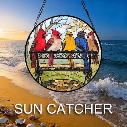 Stained Glass Window Hanging Cardinal on Bench 7.8" - Bird Suncatcher Door Garden Patio Sun Catcher Home Decor Christmas for Mom Woman Nana Friends Men Bird Lovers