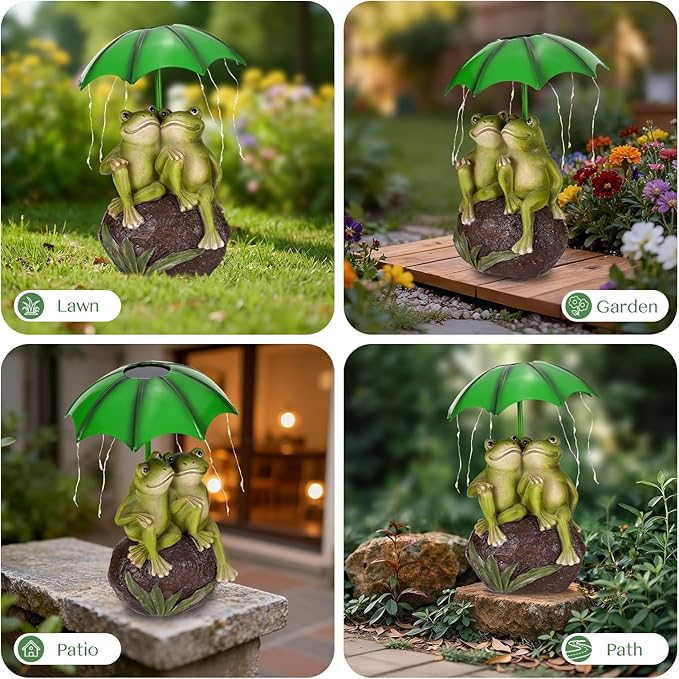 Solar Garden Statues Decor Frog Couple with LED Lights and Umbrella, Spring Outdoor Garden Statues, Frog Statue for Patio, Balcony, Housewarming, Yard Ornaments Gifts for Women