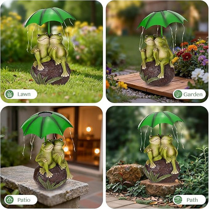 Solar Garden Statues Decor Frog Couple with LED Lights and Umbrella, Spring Outdoor Garden Statues, Frog Statue for Patio, Balcony, Housewarming, Yard Ornaments Gifts for Women