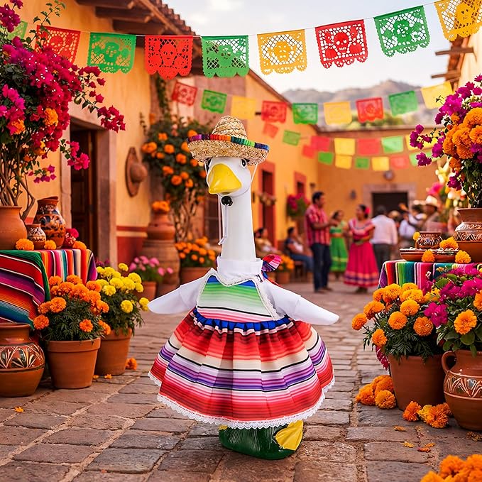 Watayo 2 Pcs/Set Mexican Porch Goose Outfits, Lawn Goose Clothing Costume for Cinco De Mayo, Garden Goose Clothes Striped Dress Mexican Sombrero for 23" High Statue Outdoor Patio Yard Decor (B Style)