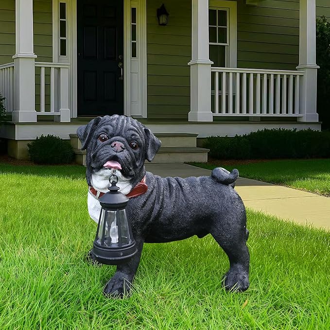 Black Pug Garden Statue with Solar Lantern and Interchangeable Signs (Welcome & On Patrol), Resin Dog Sculpture Outdoor Decor for Patio Yard Lawn Porch, Pug Lover Gifts, 12.2"