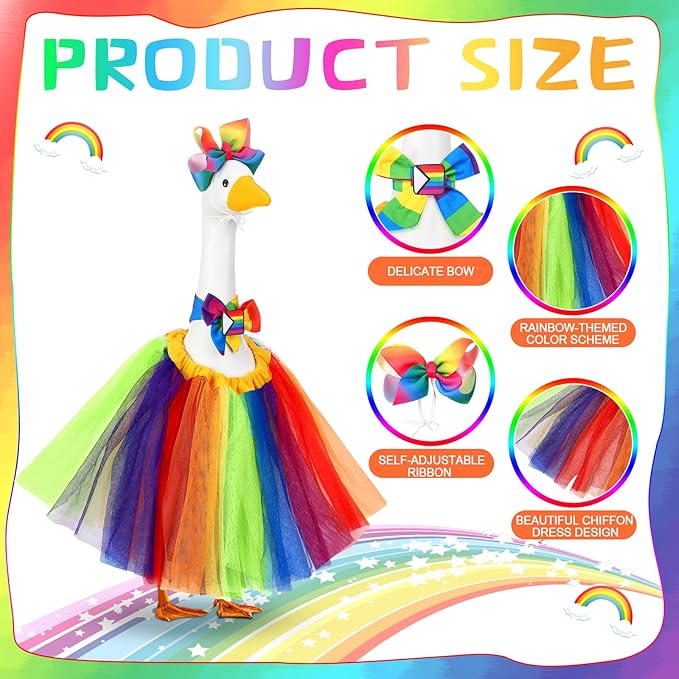 Abbylike Rainbow Porch Goose Outfit Pride Goose Outfit LGBTQ Lawn Geese Costume Clothes with Bow Headband and Tie Fits 23" Cement Geese Statue for Pride Month Outdoor Garden Yard Patio Art Decor