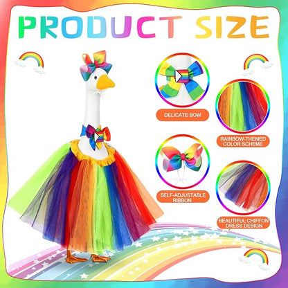 Abbylike Rainbow Porch Goose Outfit Pride Goose Outfit LGBTQ Lawn Geese Costume Clothes with Bow Headband and Tie Fits 23" Cement Geese Statue for Pride Month Outdoor Garden Yard Patio Art Decor