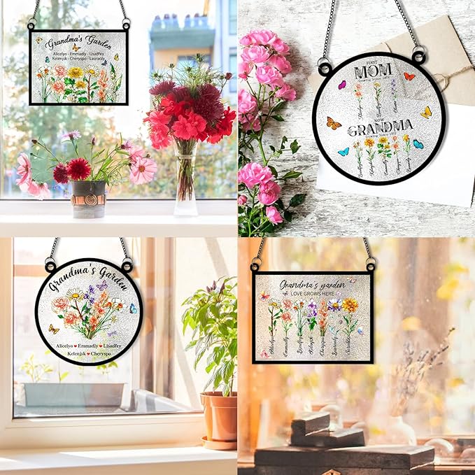 Personalized Grandmas Garden Stained Glass Suncatchers, Custom Name Birth Month Flowers Window Hanging Ornament, Mothers Day Christmas Birthday Gifts for Grandma Mom Nana Mimi (Round 3)