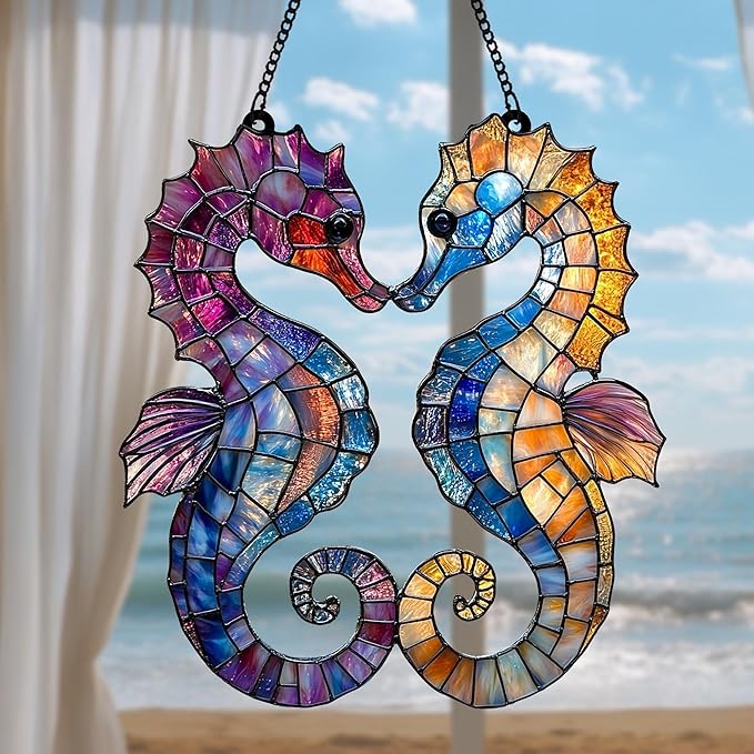 Seahorse Acrylic Suncatcher - Faux Stained Glass Indoor Window Hanging Ornament, Outdoor Sun Catcher Panel, Home Decor Gift for Sea Creature Lovers