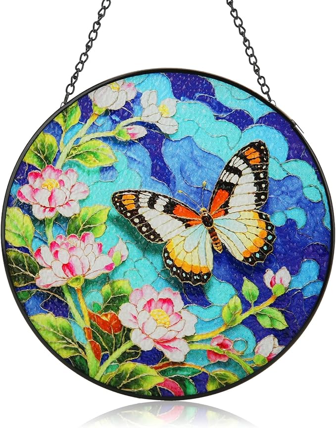 8inch Stained Glass Suncatcher, Butterfly Stained Glass Window Hanging Sun Catchers Ornaments for Indoor Windows Wall Garden Kitchen Home Decor Gifts for Women Birthday Mother's Day Religious Easter