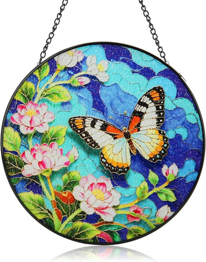 8inch Stained Glass Suncatcher, Butterfly Stained Glass Window Hanging Sun Catchers Ornaments for Indoor Windows Wall Garden Kitchen Home Decor Gifts for Women Birthday Mother's Day Religious Easter
