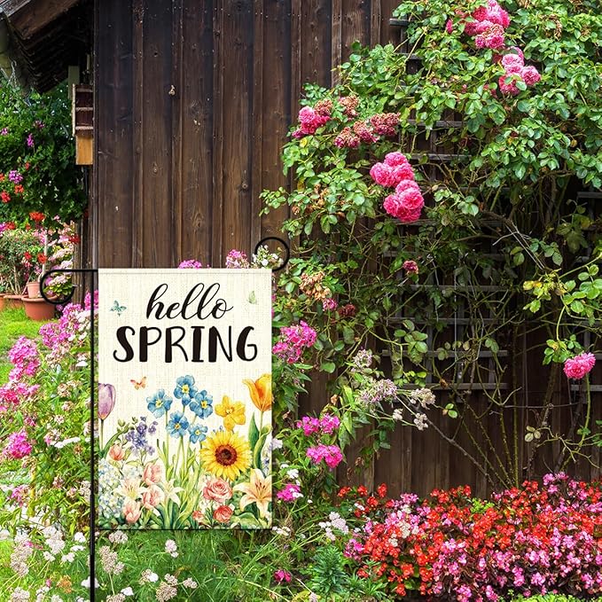 Hello Spring Garden Flag for Outside,Spring Flowers Garden Flag,Seasonal Floral Yard Lawn Porch Flags for Outdoor Decorations 12x18 Inch Double Sided
