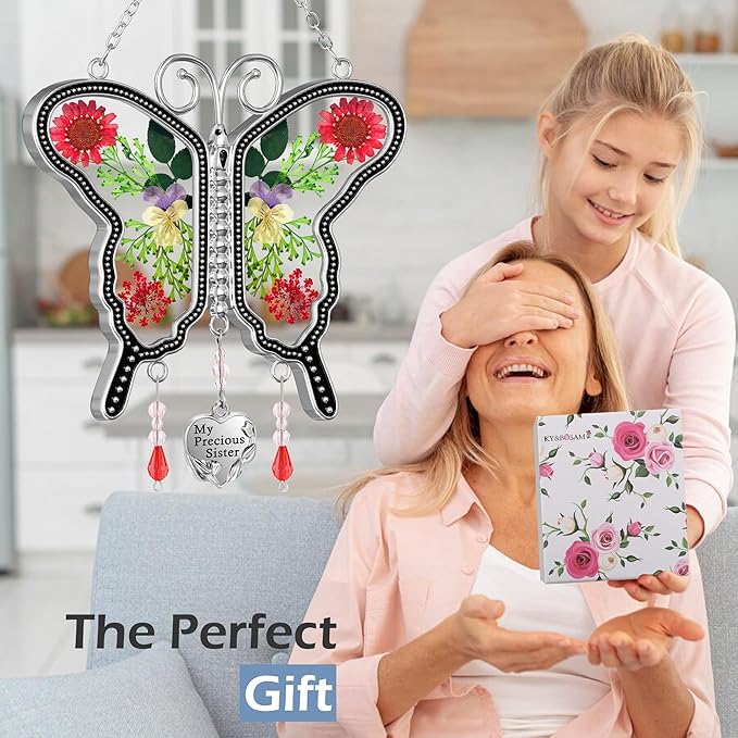 KY&BOSAM Suncatcher Butterfly Glass My Precious Sister Suncatchers Ornament hangings for Windows Wind Chime with Pressed Flower Butterfly Embedded in Glass Mother`s Day Birthdays