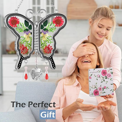 KY&BOSAM Suncatcher Butterfly Glass My Precious Sister Suncatchers Ornament hangings for Windows Wind Chime with Pressed Flower Butterfly Embedded in Glass Mother`s Day Birthdays