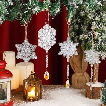 4 Pcs 5D 9.7x3 inch Christmas Diamond Painting Kits DIY Point Drill Diamond Painting Wind Crystal Wind Chimes Double Snowflake Ornaments with Crystal Pendant for Home Garden Hanging Decor(White)