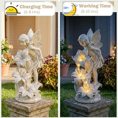 Angel Garden Statue Outdoor, Solar Powered Resin Garden Sculptures Fairy Angel Statues Waterproof LED Lights Yard Art Decorations for Outside Patio Lawn Ornament Gardening Gifts