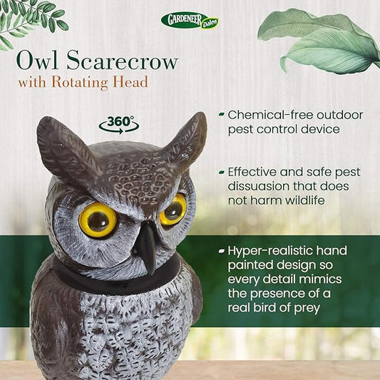 GARDENEER Dalen Rotating Head Great Horned Owl – 18" Life-Sized Garden Decoy – Bird & Pest Repellent – Weather-Resistant – Realistic, Hand-Painted Design – Outdoor Garden Scarecrow