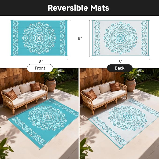 Pauwer Waterproof Outdoor Rug 5x8, Reversible Plastic Straw Patio Camping Rug, Indoor Outdoor RV Mat Carpet for Deck, Camper, Porch, Balcony, Backyard, Picnic, Floral Teal