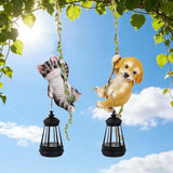 Set of 2 Solar Hanging Statue, Outdoor Resin Black White Cat & Golden Retriever Dog Figurine with LED Lights, Animal Ornament for Garden, Fence, Porch, Patio, Yard Decor
