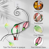 Handmade Stained Glass Hummingbird Suncatcher, Window Hanging Ornament with Flower Design, Indoor Outdoor Garden Decor