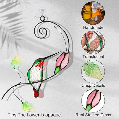 Handmade Stained Glass Hummingbird Suncatcher, Window Hanging Ornament with Flower Design, Indoor Outdoor Garden Decor