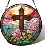 Christian Gifts for Women - Cross Stained Glass Window Hanging Jesus Easter Pink Flower Peony Sun Catcher Garden Religion Decor Mother's Day Catholic Gift for Men Grandma Mom Her Nana 11.8"