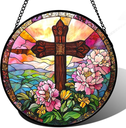 Christian Gifts for Women - Cross Stained Glass Window Hanging Jesus Easter Pink Flower Peony Sun Catcher Garden Religion Decor Mother's Day Catholic Gift for Men Grandma Mom Her Nana 15"