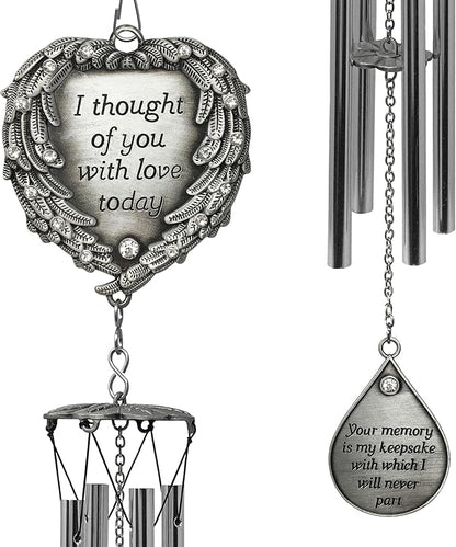 Memorial Wind Chimes Outdoor – Sympathy Gift Loss of Loved One – I Thought of You with Love Today Poem – Angel Wings Heart Teardrop Charm – in Loving Memory Wind Chime 23 Inch