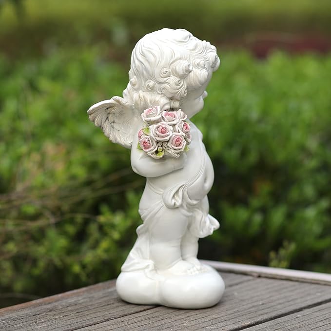 Garden Cupid Angel Statue with Pink Roses, White Cherub Figurine, Outdoor Indoor Decorative Sculpture