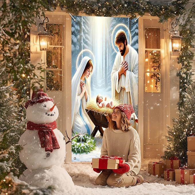 IVN Christmas Door Cover Decoration 71 x 35 in Holiday Banner Holy Night Nativity Scene in Snowy Forest Photo Backdrop Indoor Outdoor for Front Door Party Decorations