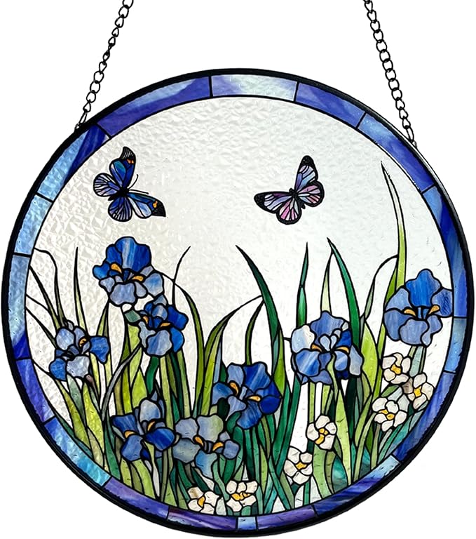 Blue Irises and Butterflies Stained Glass Suncatcher, Handmade Window Hanging Wall Art with Chain, Real Glass Indoor Home Decor, Unique Sun Catcher Gift for Women, Christmas, 11.8”