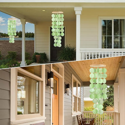 Wind Chimes for Outside - Handcrafted Green Capiz Shells Windchime Coastal Style Decor for Indoor/Outdoors, Garden Decor, Great for Women, Wind Chimes Lovers and More