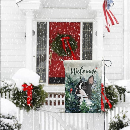 Welcome Winter Garden Flags Boston Terrier Garden Flag Cardinal Birds on Snowy Pine Tree Flag Dog Yard Flags for Outside 12x18 Double Sided Christmas Decorative Lawn Flags