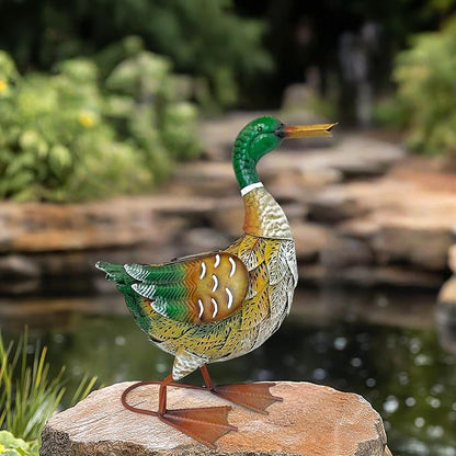 HONGLAND Solar Outdoor Metal Duck Sculpture, 16" Mallard Duck Garden Statue with Lights for Outdoor Patio, Backyard, Lawn, Home Kitchen Decoration