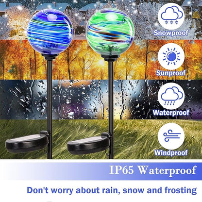 Solar Outdoor Decorative Lights Color Swirl Solar Garden Stake Glaze Glass LED Garden Globe Lights Outdoor Decorative Light for Pathway Yard Lawn Decoration 2 Pack Blue&Green