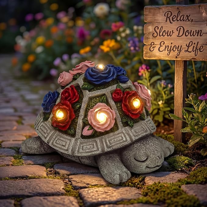 Solar Garden Decor Outdoor Turtle Statue with Multi-Color Rose Flowers & 7 LED Lights – Outside Tortoise Decoration for Lawn Yard Patio Backyard - Home House Art- Gift for Women Mom Grandma