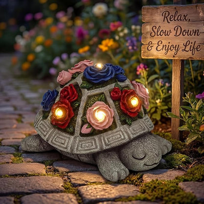 Solar Garden Decor Outdoor Turtle Statue with Multi-Color Rose Flowers & 7 LED Lights – Outside Tortoise Decoration for Lawn Yard Patio Backyard - Home House Art- Gift for Women Mom Grandma