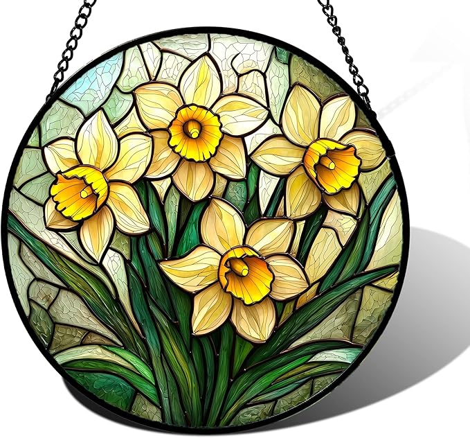 DASTOLL Stained Glass Window Hanging, Daffodil Plant Flowers Sun Catchers Diamond Glass Panel Hangings Suncatcher Decor for Birthday for Women, Men, Wife, Aunt,and Mom 9.8X9.8IN