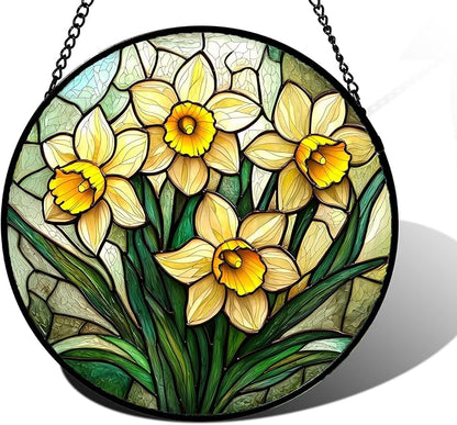 DASTOLL Stained Glass Window Hanging, Daffodil Plant Flowers Sun Catchers Diamond Glass Panel Hangings Suncatcher Decor for Birthday for Women, Men, Wife, Aunt, and Mom 11.8x11.8 in