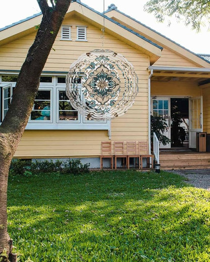Boho Wind Spinner 10 Inch Retro Blue Floral Vintage Flower Wind Spinners Outdoor 3D Stainless Steel Hanging Sculpture Decorations Gift for Garden Yard Porch Balcony