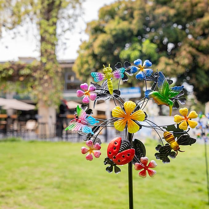 Flower Wind Spinners Outdoor, Metal Windmill with Hummingbirds, Butterflies and Bees, Pinwheels for Yard and Garden