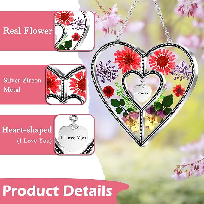 KY&BOSAM Heart Suncatchers I Love You Stained Glass Hangings for Windows Suncatcher Birthday Gifts for Women Mothers Valentine`s Day Real Flower Glass & Metal Maker for Christmas Party Home Decor
