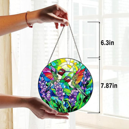 Stained Glass Window Hanging Hummingbird Sun Catcher 7.8 in, Glass Panel Suncatcher for Window Decor, Hummingbird Gifts for Women Mom and Birds Lover